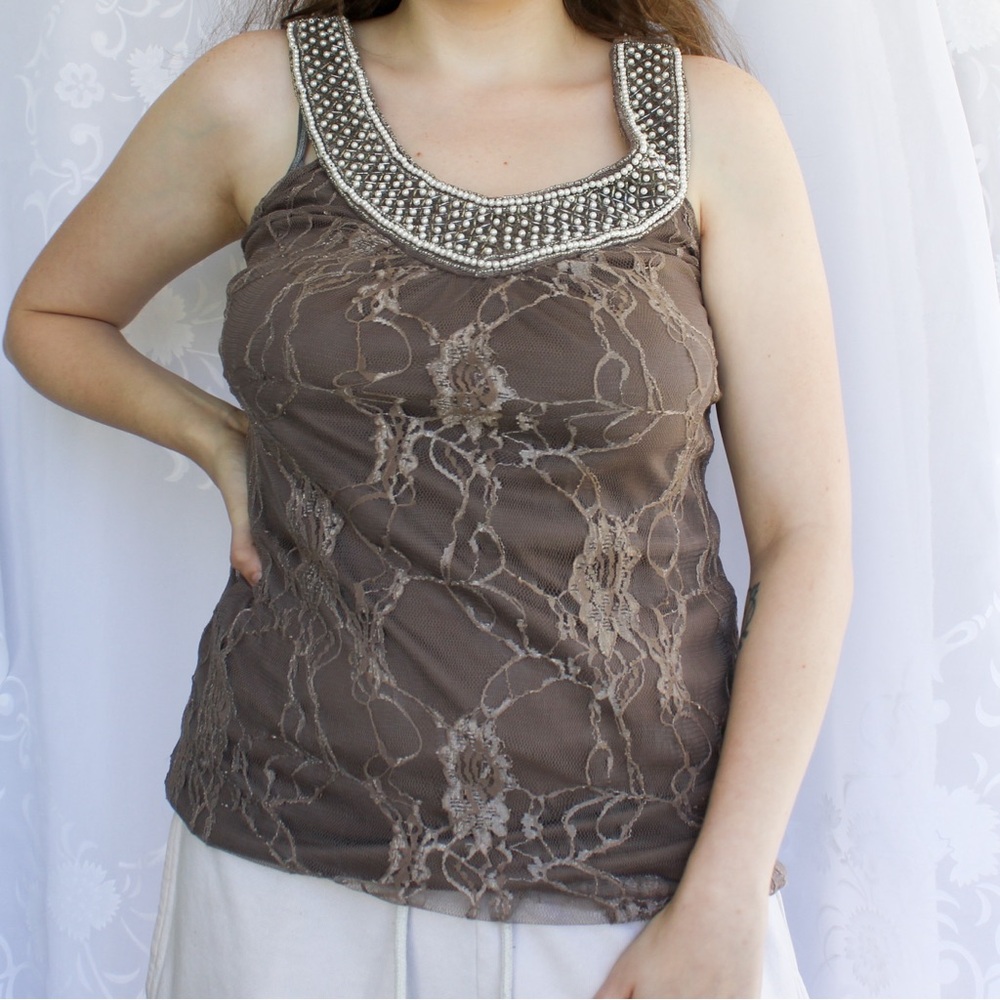 Deb Brown Lace Floral Beaded Neckline Tank